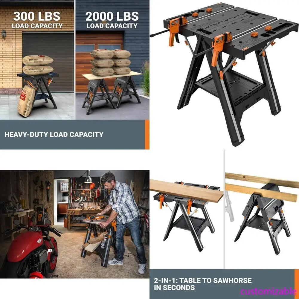 2025new-Folding Work Table and Sawhorse by Worx Pegasus, Portable Workbench with Easy Setup, 31 Wide x 25 Deep x 32 Tall Lightwe