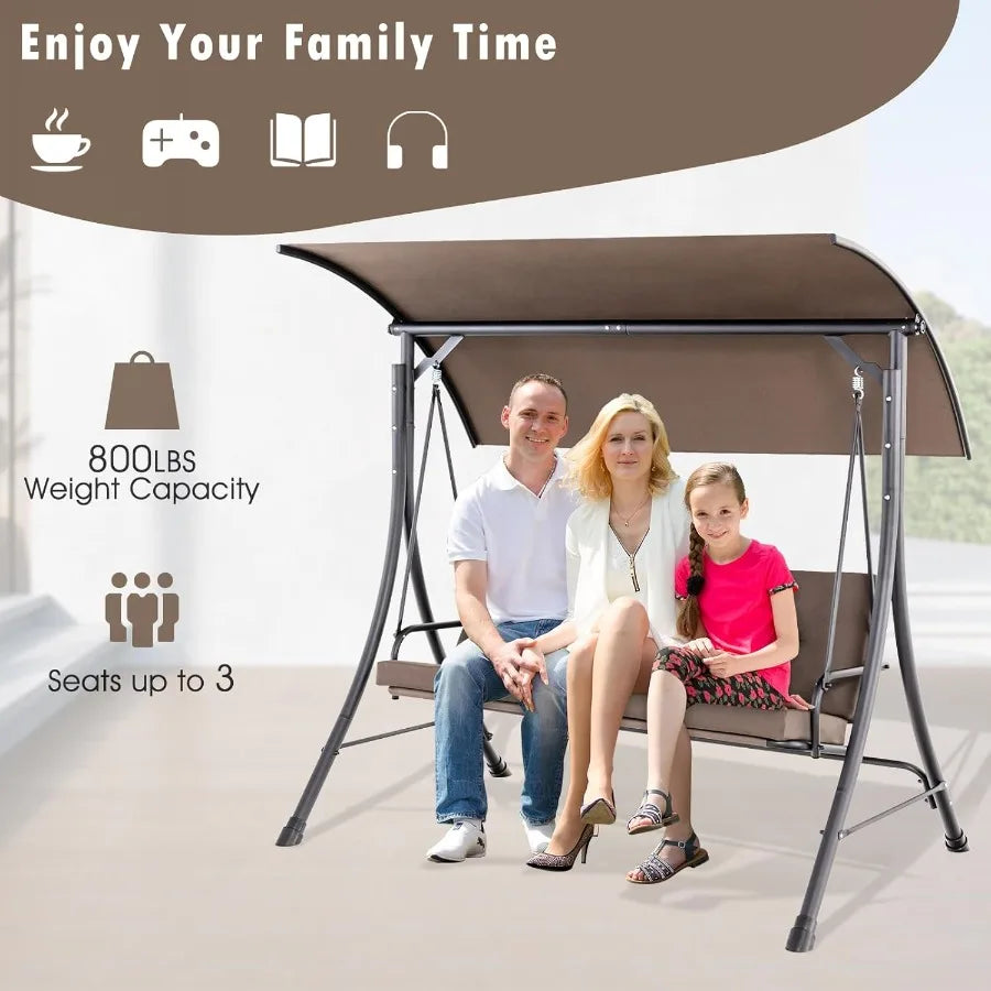 3 Person Porch Swing Outdoor Swing with Removable Cushions Solid Steel Structure Patio Swing with Adjustable Canopy for Garden