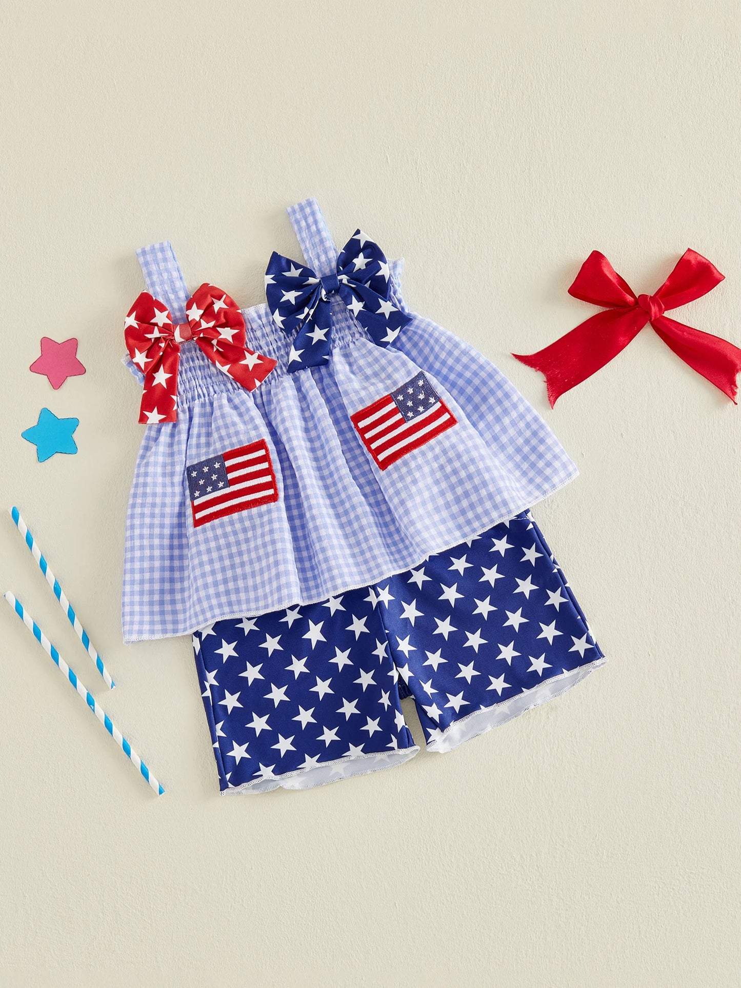 Independence Day Toddler Girl Outfits Sleeveless American Flag Tank Tops Shorts Set Kids Clothing for 4th of July