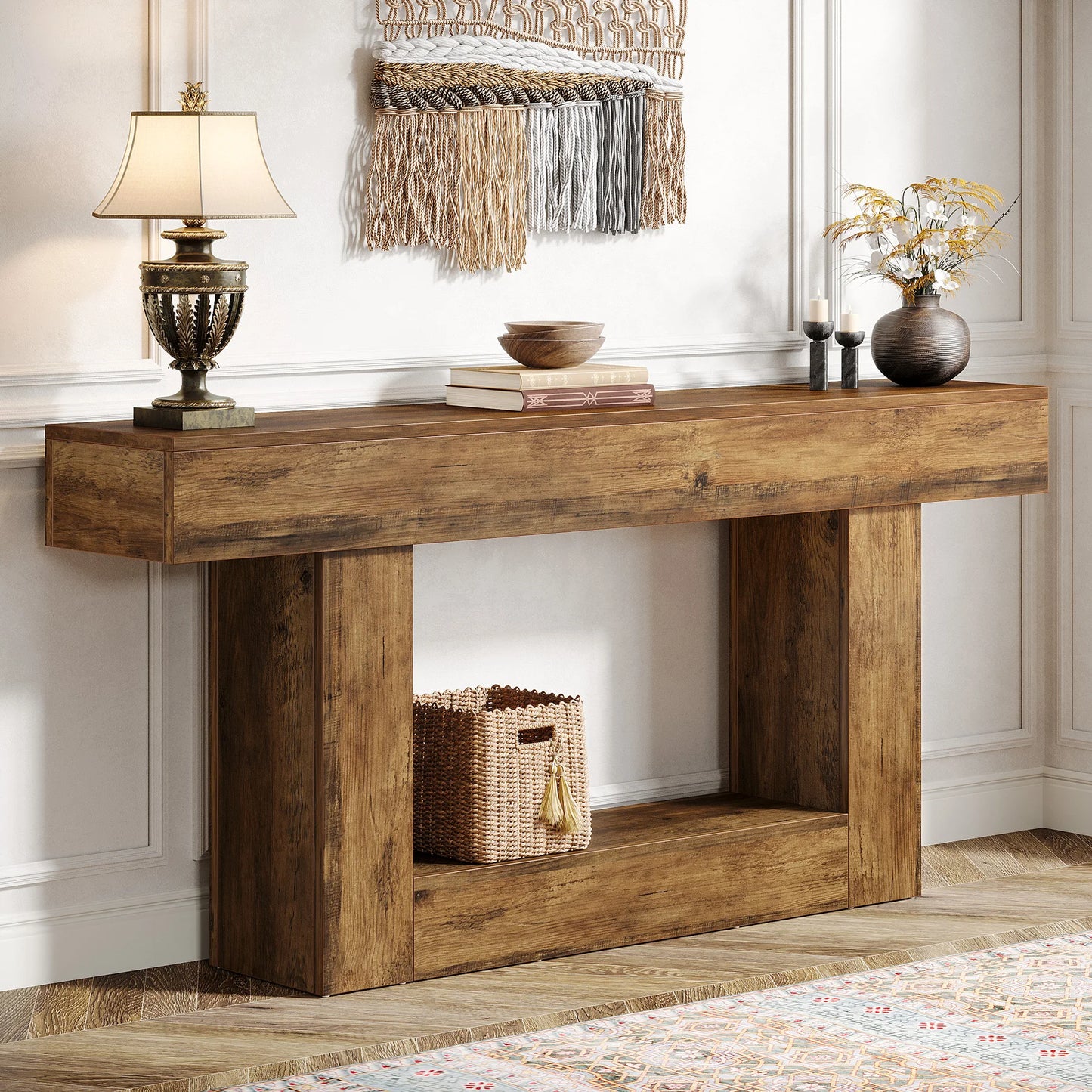 LITTLE TREE 63" Console Table, Farmhouse 2-Tier Entryway Table with U-Shaped Base,Narrow Long Wood Sofa Table Behind Couch Table