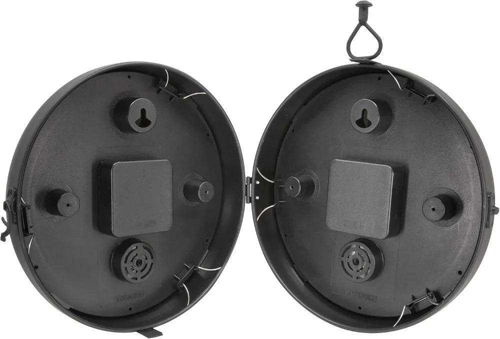 Double-Sided Indoor/Outdoor Hanging Clock with Thermometer, 360° Spin, Silent Quartz Movement, Black Metal Frame