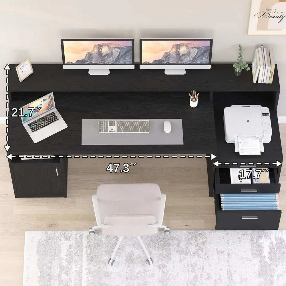 Computer Desk with 3 Drawer amp Storage Shelves, Home Office Desk with File Drawer amp Cabinet, Writing Study Table with Long M