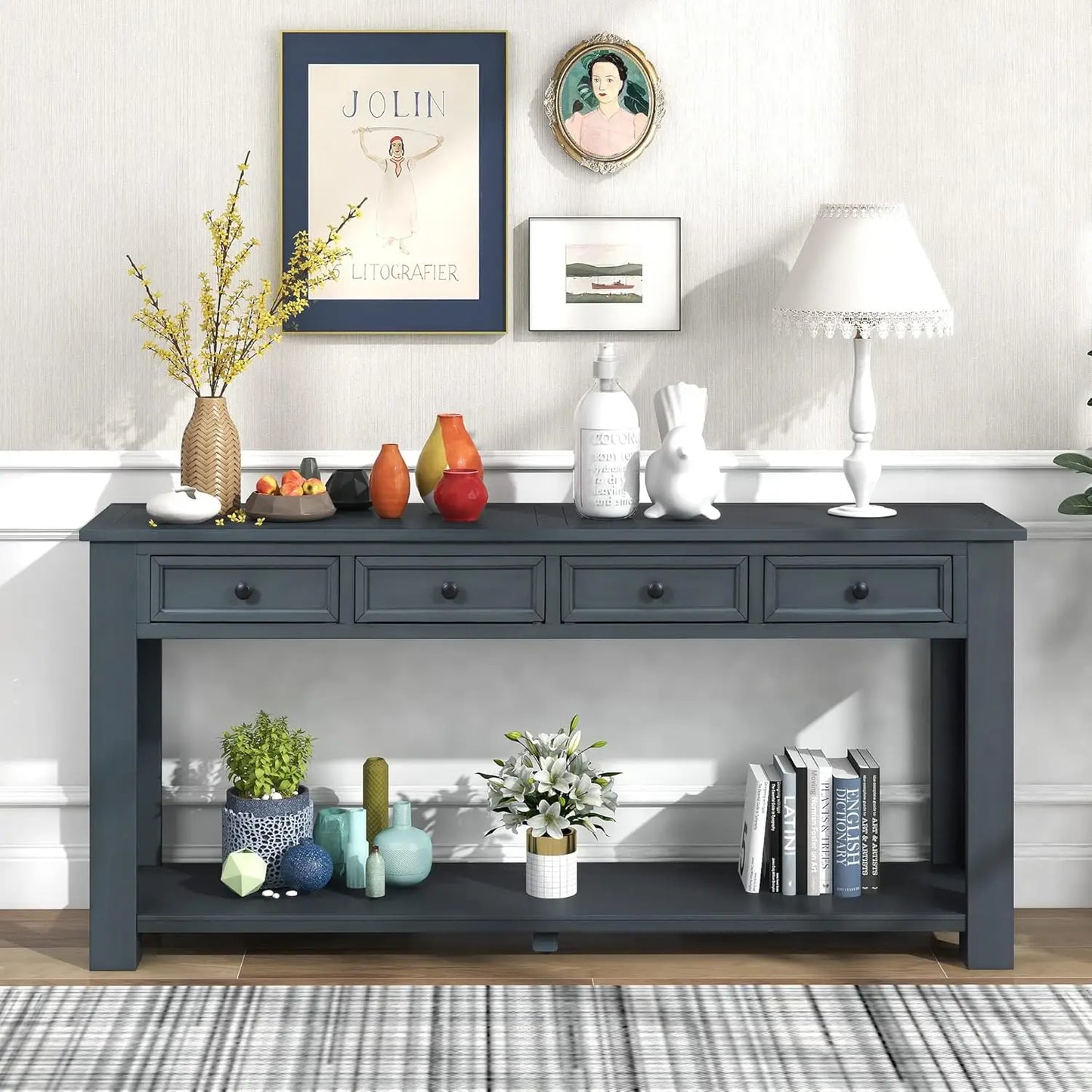 Console Table with 4 Storage Drawers Bottom Shelf, Rustic Distressed Sofa Table for Entryway Hallway, Assembly, Customized