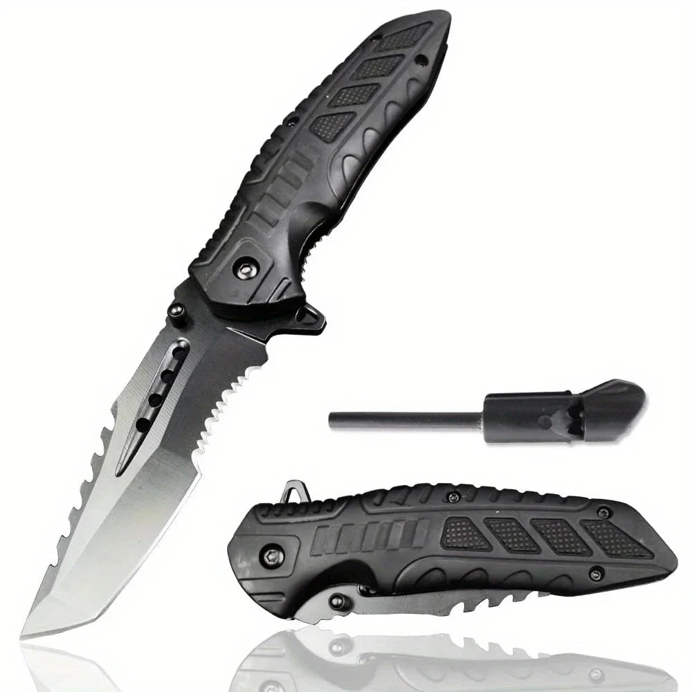 Tactical Folding Knife with Serrated Blade, Glass Breaker & Bottle Opener, EDC Pocket Knife for Men, Outdoor Survival Camping