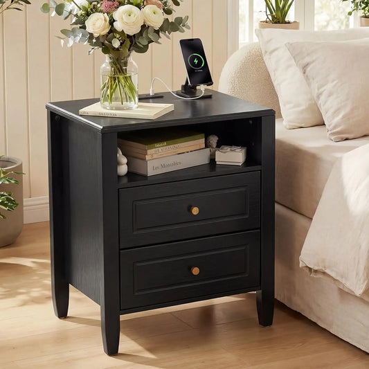 2 Drawer Storage Nightstand with Open Shelf, Modern Bedside Cabinet with Charging Station for Bedroom Home
