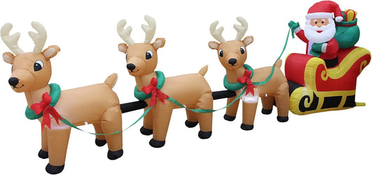 12 Foot Long Lighted Christmas Inflatable Santa Claus on Sleigh with 3 Reindeer Lights Decor Outdoor Indoor Holiday Decorations