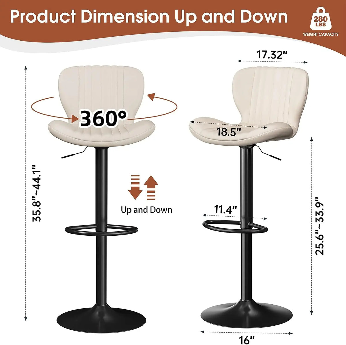 Beige Leather Adjustable Bar Stools Set of 2, Modern Counter Height Chairs
