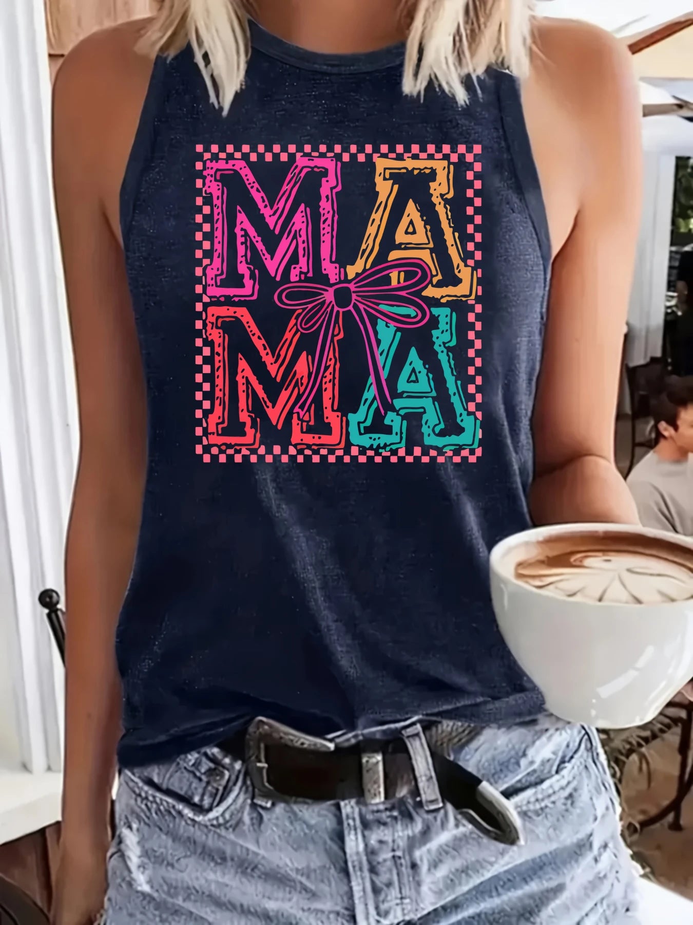 Women's plus size tank top Mama Pattern With Bow And Checkered Border Mother's Day gift womens clothes summer beach vacation top