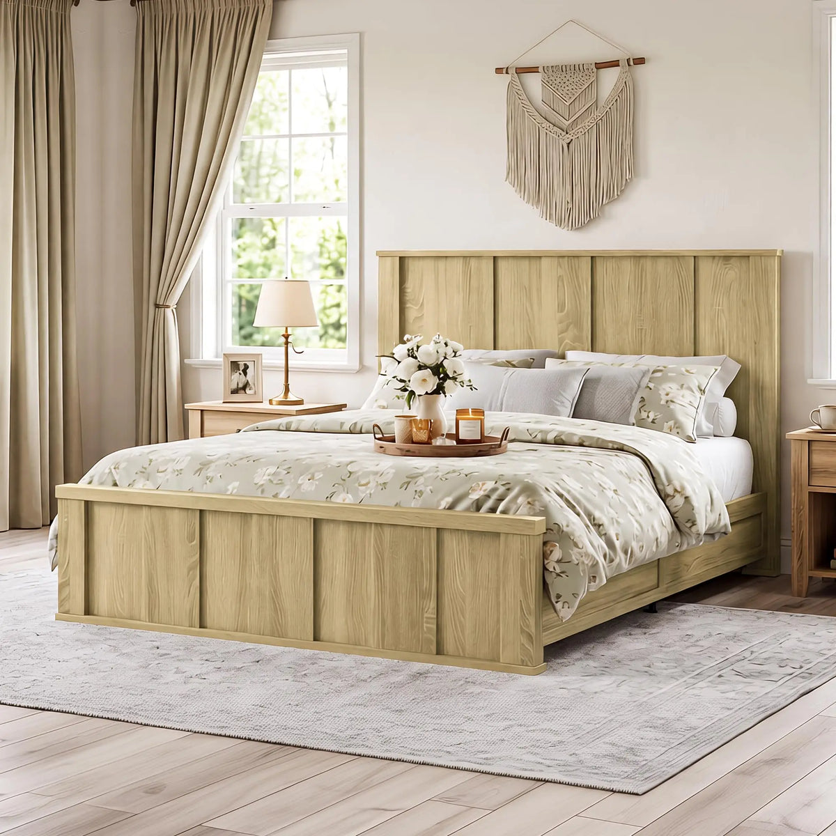 King Size Farmhouse Platform Bed Frame Natural Oak Wood Slats No Box Spring