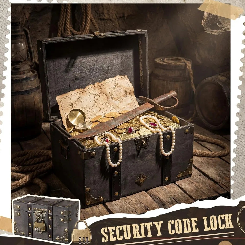 Wooden Pirate Chest 2-Size Set Combo-Lock Handmade Vintage Keepsake Jewelry Box