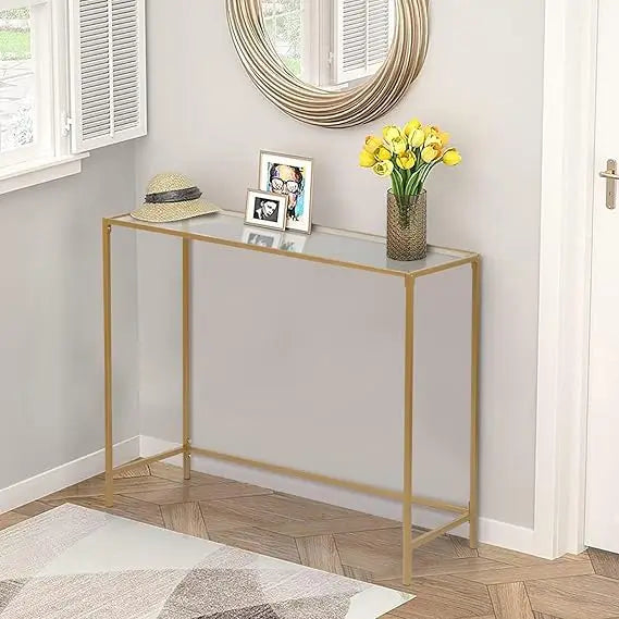 Toughened Glass Console Table,Clear Glass Accent Console Sofa Table with Stainless Steel Frame,Gold Entry Tables for Hallway, So