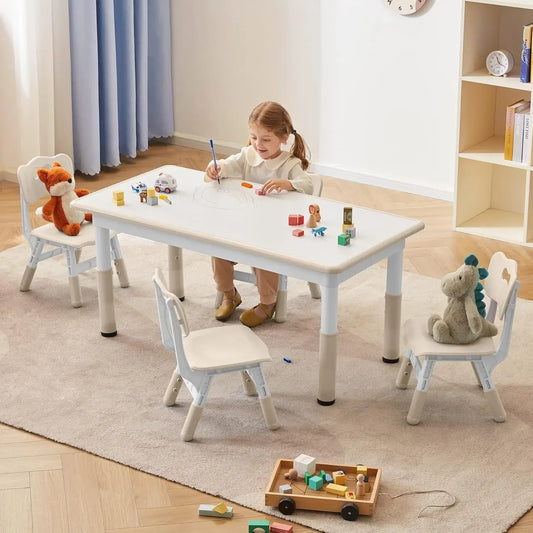 Toddler Table and Chairs Set for 4, 47.2''L x 23.6''W Kids Study Table and Chair Set, Height-Adjustable, Graffiti Desktop