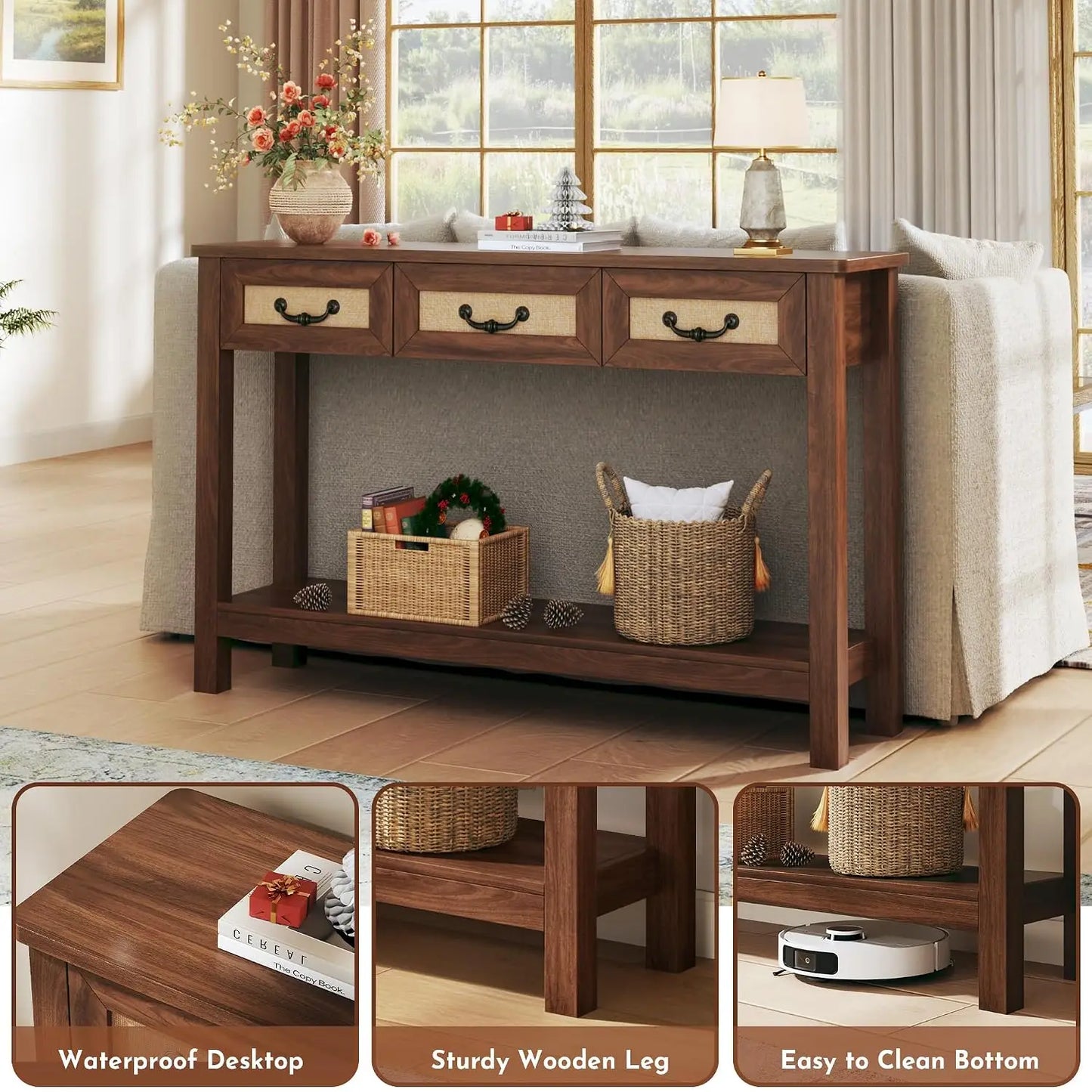 47.2" Console Table with 3 Rattan Drawers, Long Sofa Table with Storage Behind Couch, Farmhouse Entryway Table with, Customized
