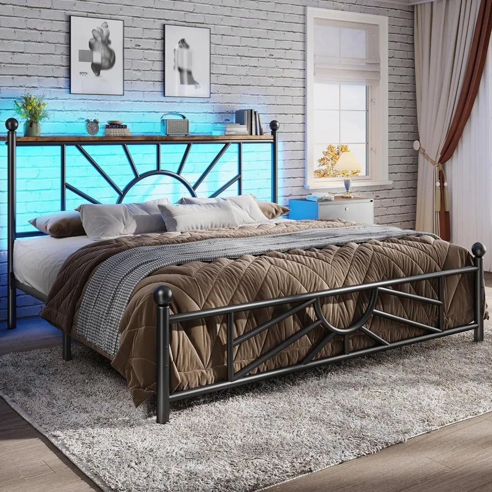 Metal Queen Bed Frame with Headboard and Footboard, Queen Size Bed Frame with LED Light, Mattress Foundation with Under Bed Stor