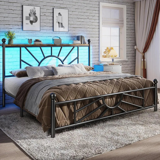 Metal Queen Bed Frame with Headboard and Footboard, Queen Size Bed Frame with LED Light, Mattress Foundation with Under Bed Stor