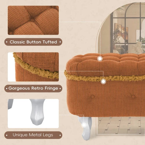 29.5 Inch Storage Bench, Button Tufted Upholstered Storage Ottoman With Fringe