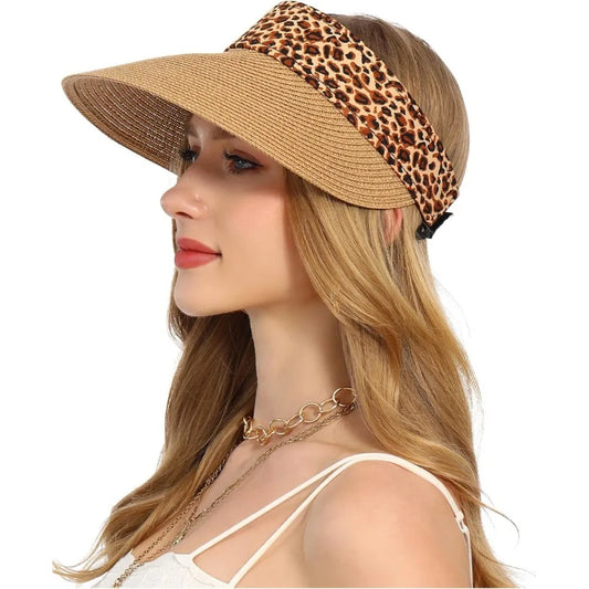 Womens Sun Hat Straw Visor UV Protection Wide Brim Packable Travel Summer Cap for Beach