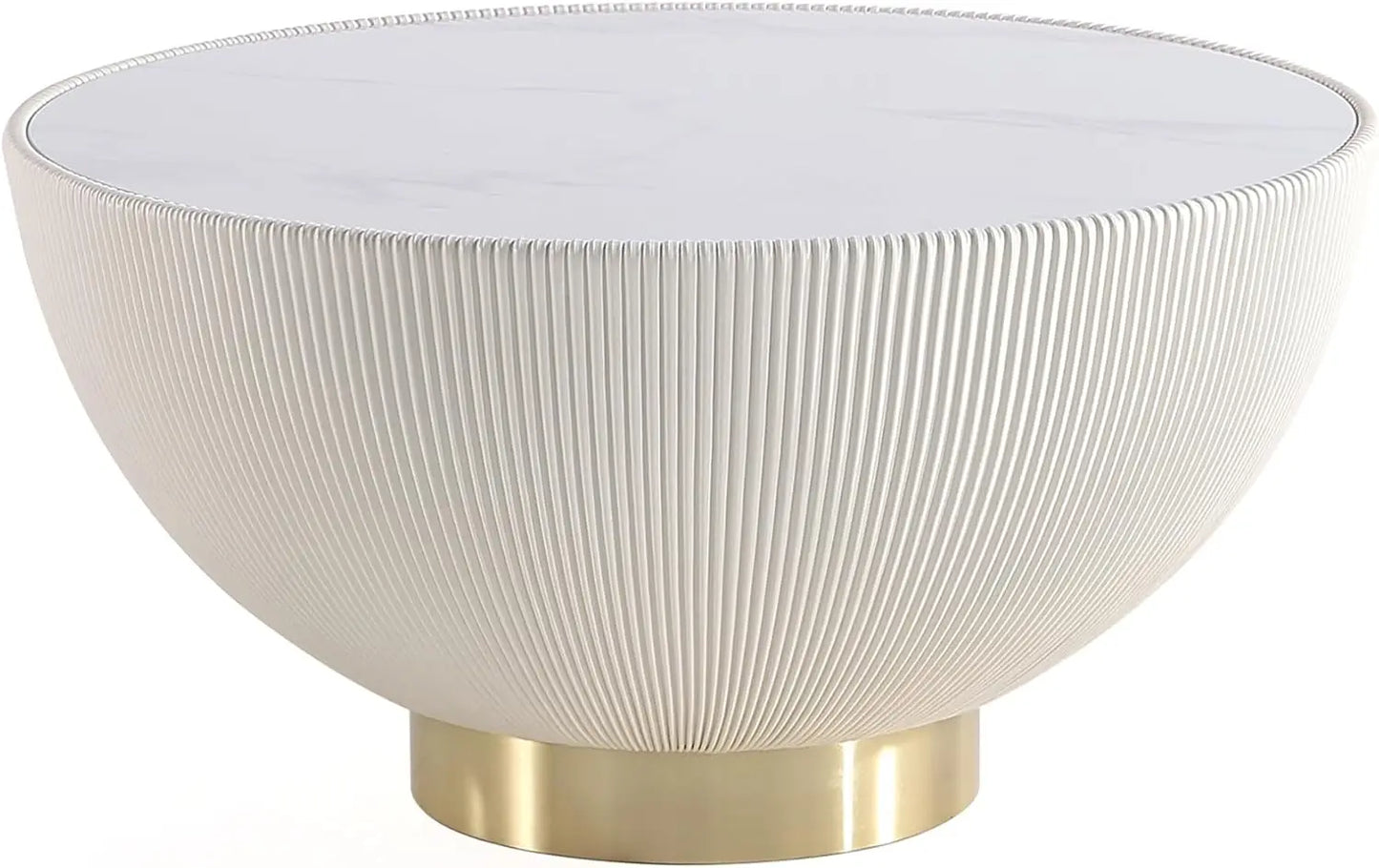 28.15" Round Coffee Table 2.0 - Ceramic Marble Tabletop, Elegant Pleated Leatherette Details & Gold Base