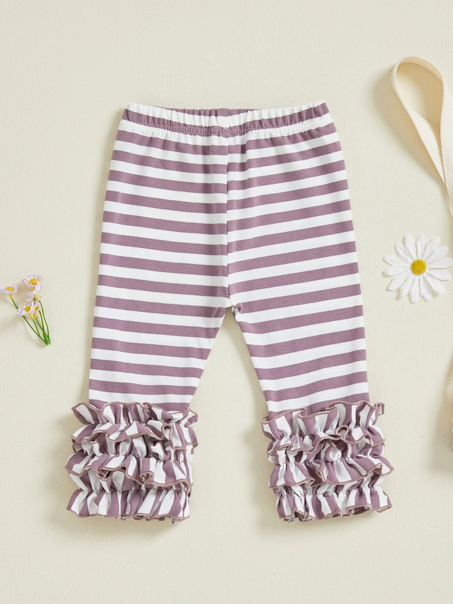 Toddler Girls Striped Leggings Elastic Waist Frills  Fit Fall Long Trousers for Casual Daily