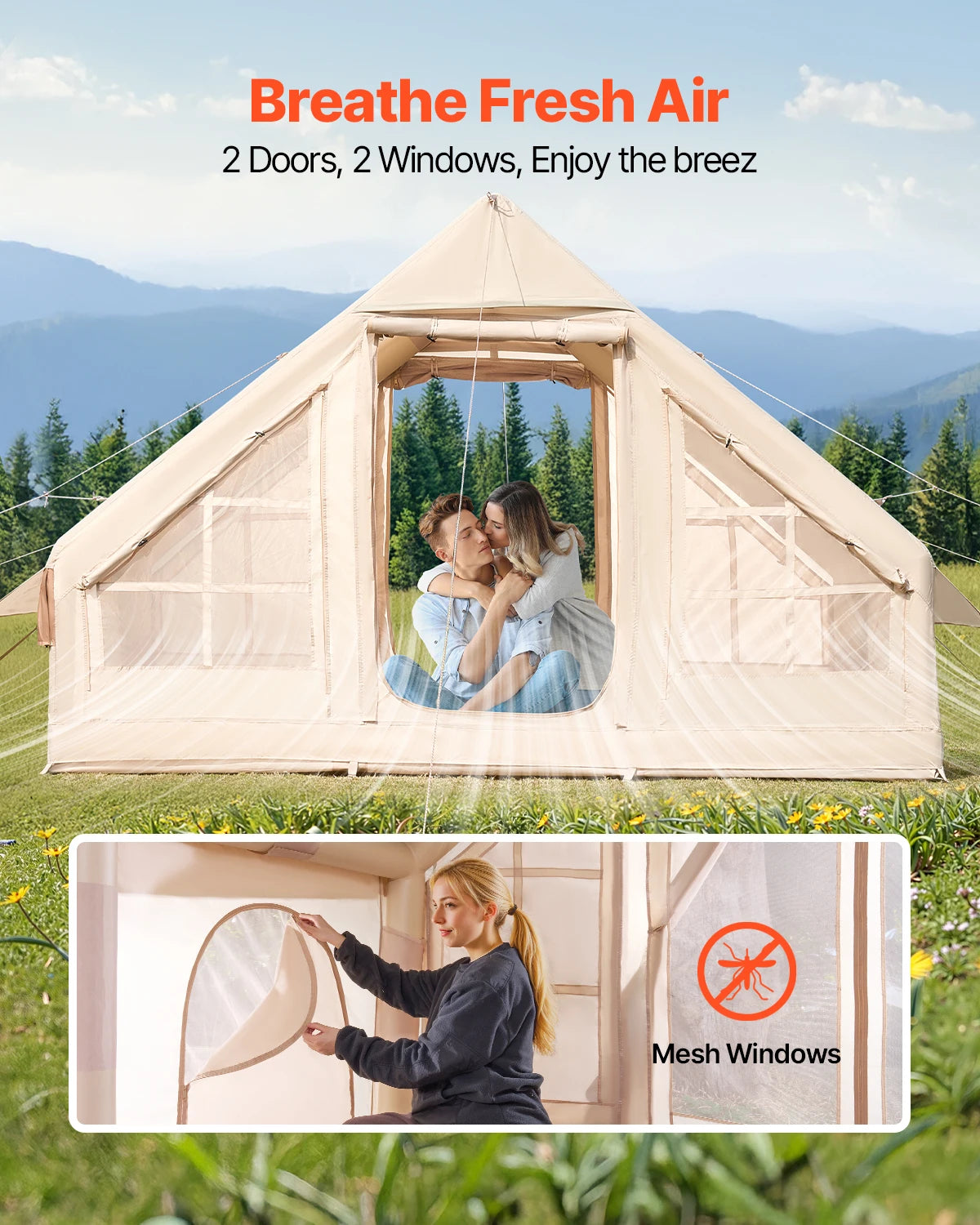 SucceBuy Inflatable Tents for Camping Easy Setup Blow up Tent with Hand Pump 300D Oxford Tent with Stove Jack Storage Bag Includ