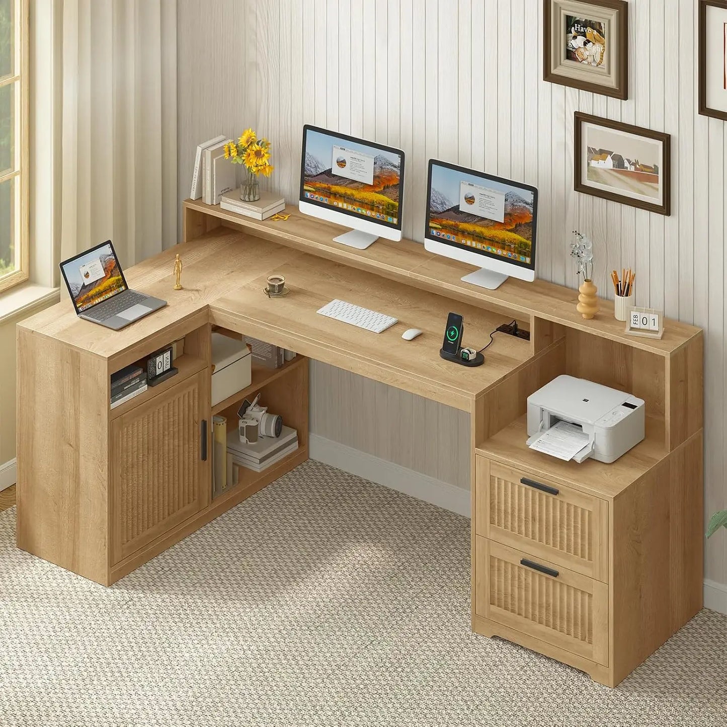 62.2" Farmhouse L Shaped Home Office Desk, Drawers, Storage Shelves & Power Outlet, Custom