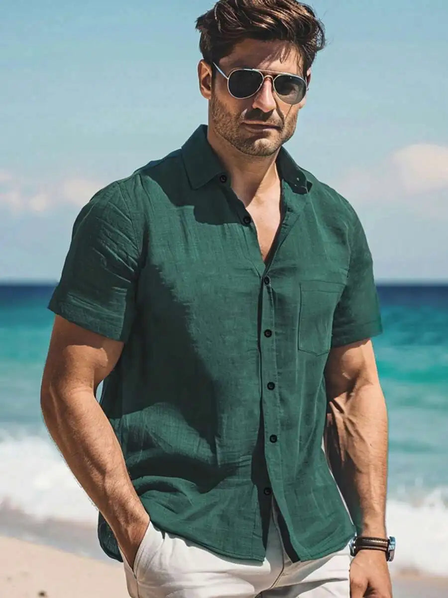 Mens Solid Color Short Sleeve Casual Shirt With Pocket
