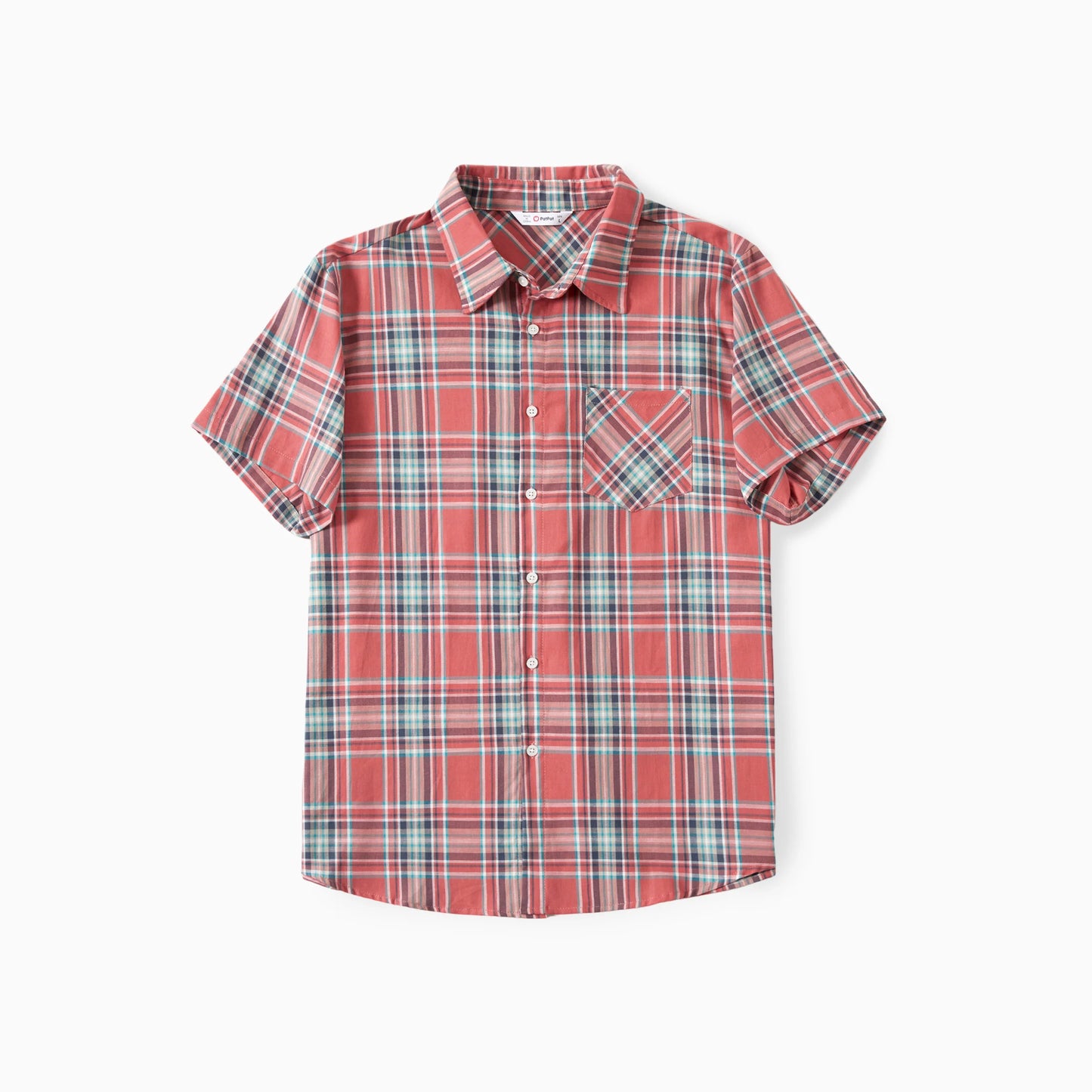 PatPat Family Matching Plaid Shirt and Pink Cotton Shirred Back Lace Waist Flutter Strap Dress Sets