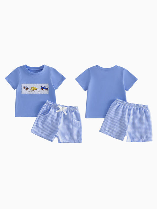 Boys Summer Outfit Set with Short Sleeve Car Embroidered O Neck Top and Plaid Shorts for a Stylish Look