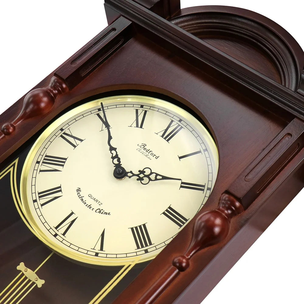 Elegant 31 Inch Analog Chiming Pendulum Wall Clock with Decorative Carved Accents and Harmonic Chimes Home Decor