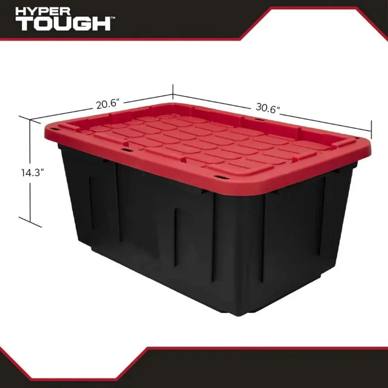(6 pack/ 4pack) Hyper Tough Large Storage Bin, 27 Gallon Plastic Storage Container with Snap-On Lid, Black and Red
