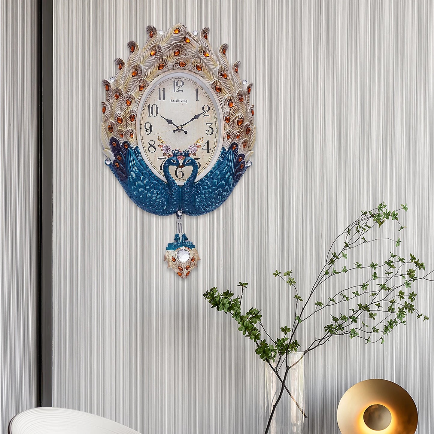 Blue Peacock Wall Clock,Silent Wall-mounted Metal Pendulum Clock 37*60cm with Luxury Crystal for Living Room,Hallways