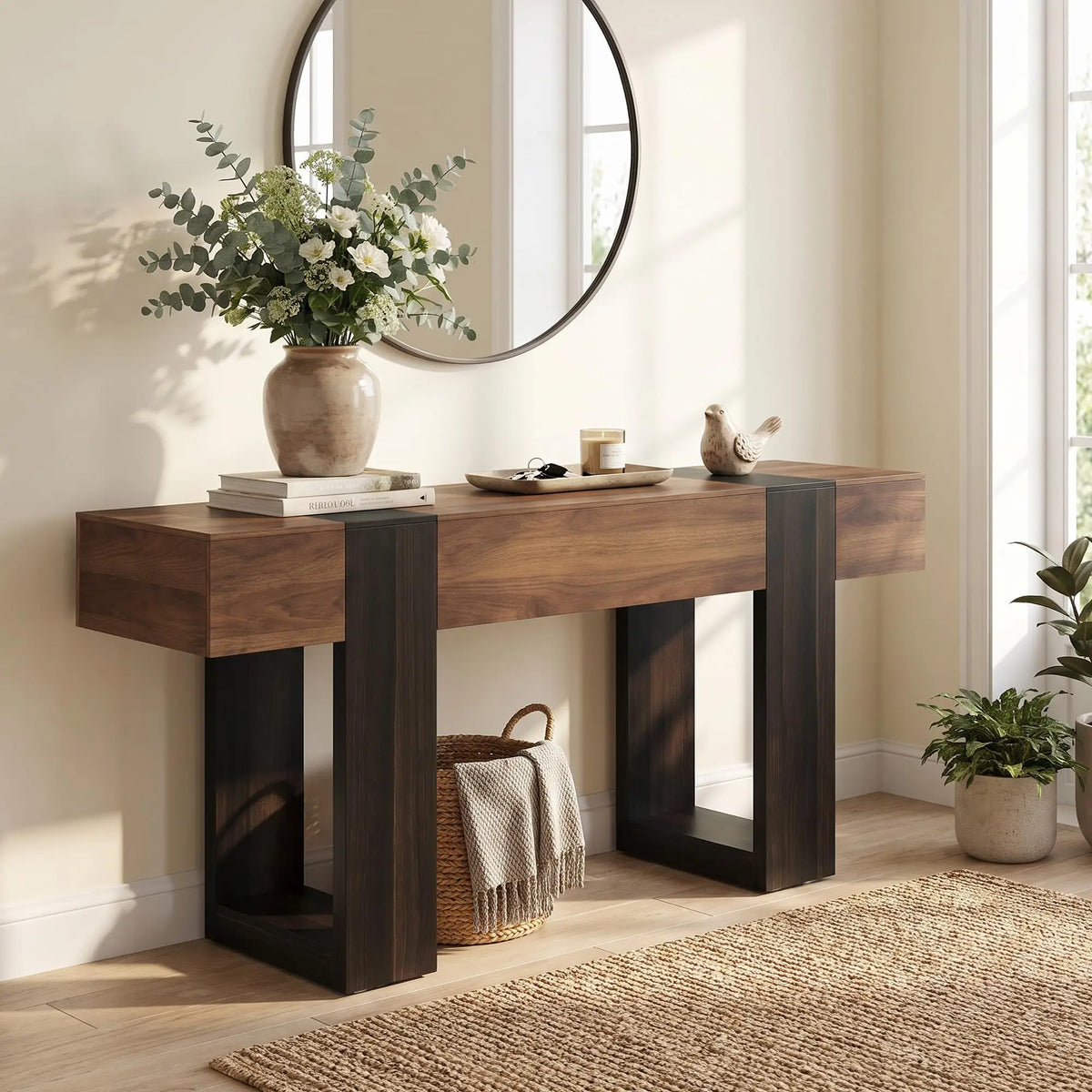 Two Tone Wood Grain Console Sofa Table for Entryway Hallway Living Room