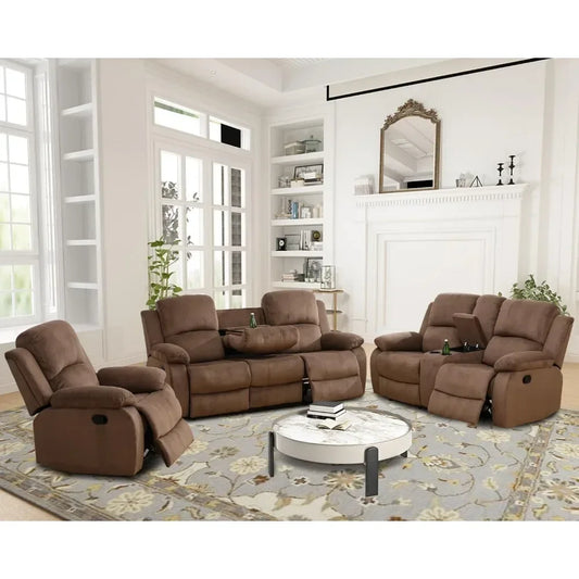 Living Room Sofa Set，3 Pieces Recliner Sofa Set Living Room Furniture, Fabric Sofa Set, Recliner Couch Set with Storage Console