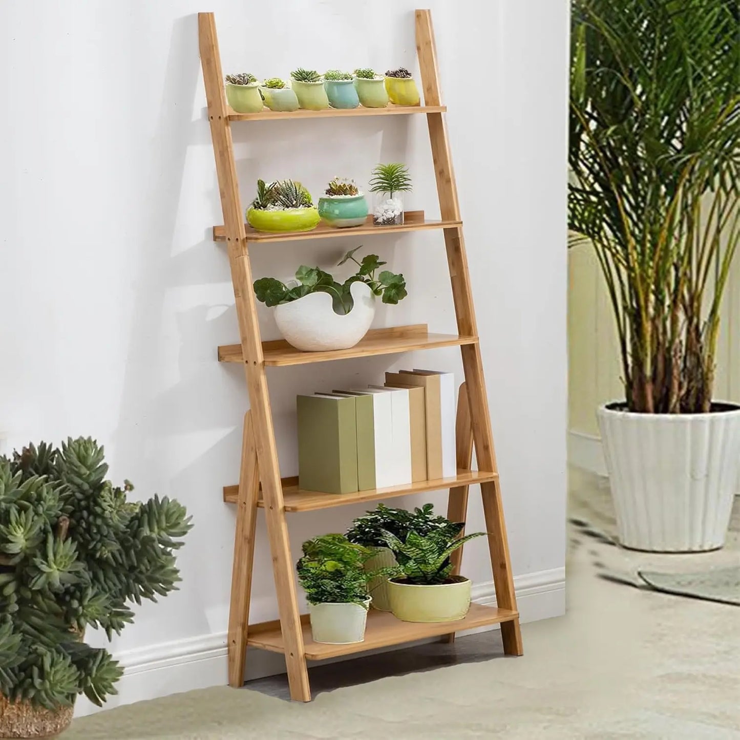 Bamboo Ladder Shelf Bookcase, 5-Tier Leaning Bookshelf Free Standing Organizer Storage Shelves for Living Room, Bedroom