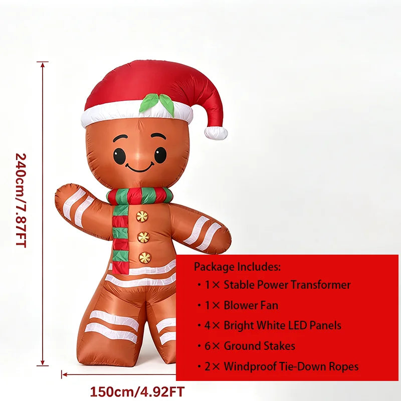 7.8FT LED Light Up Gingerbread Man Inflatable Cheerful Christmas Blow Up Decor with Santa Hat Scarf Winter Holiday Quick Inflate for Outdoor Yard Garden Lawn Chird Party Inflatable Decorative Item