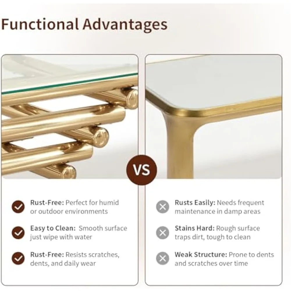 55" Glass Coffee Table, Modern Gold Coffee Tables for Living Room, Rectangular Tempered Glass Top with Stainless Steel Legs, Tea