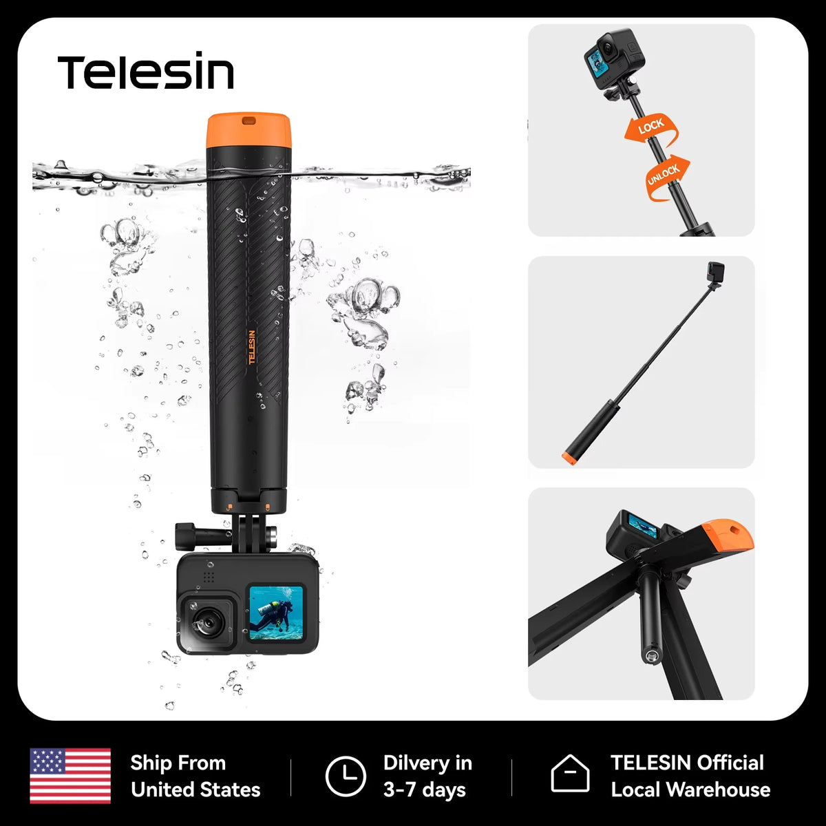 TELESIN 4 in 1 Selfie Stick Floating Hand Grip Tripod Waterproof Extendable Selfie Monopod for GoPro DJI OSMO Action Insta360