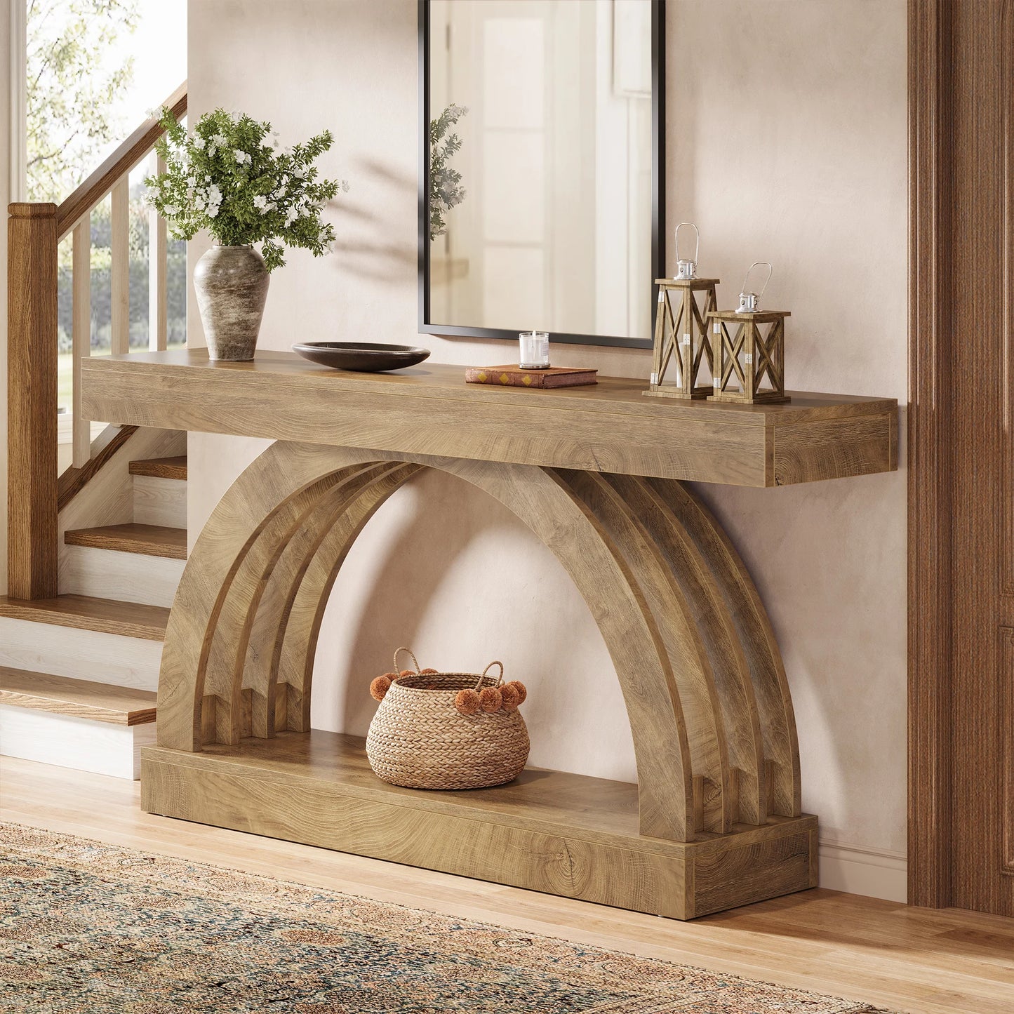 LITTLE TREE 63-Inch Entryway Table, 2-Tier Sofa Table Behind The Couch, Farmhouse Narrow Unique Arched Console for Hallway