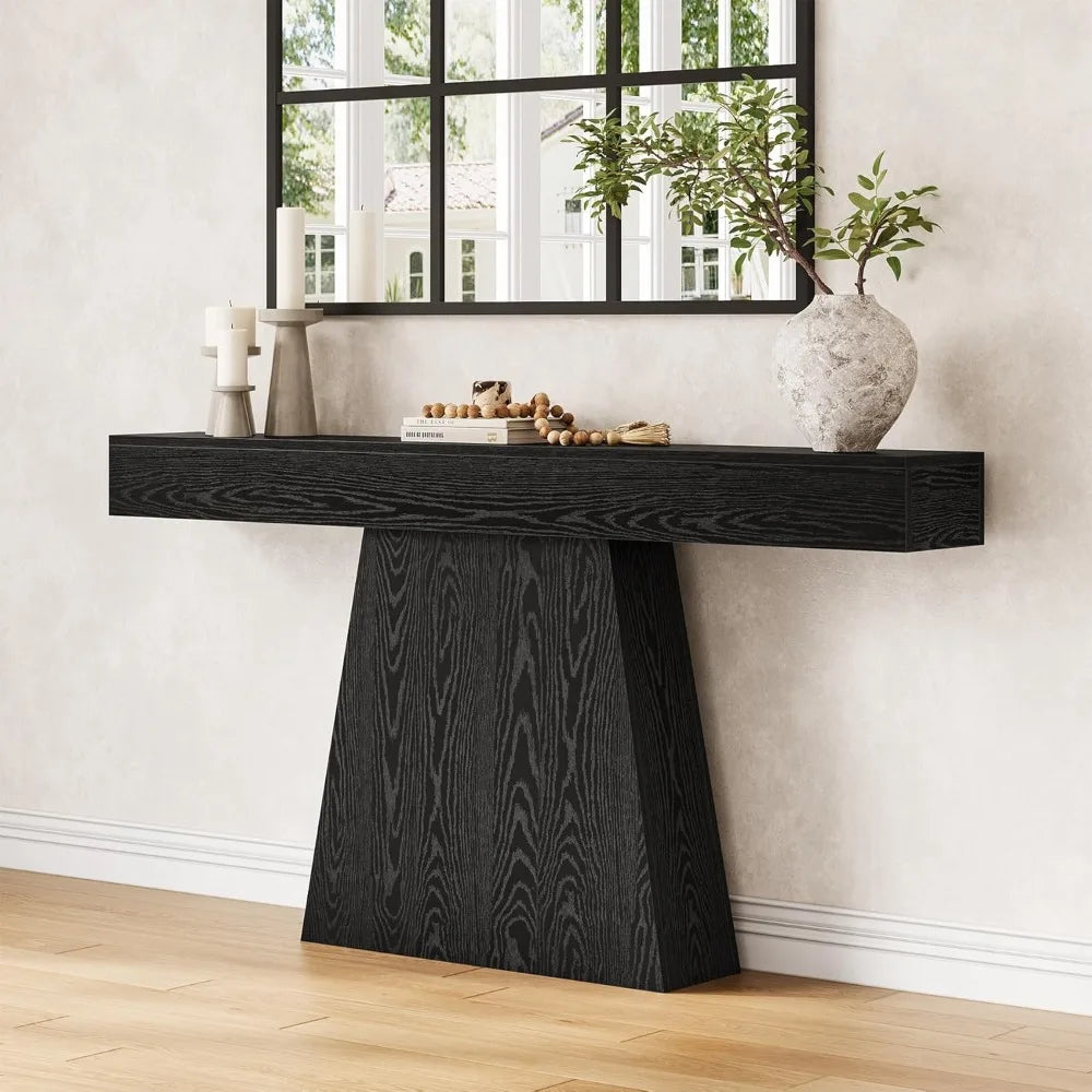 63 Modern Black Console Table, Trapezoidal Base, Perfect for Entryway and Living Room