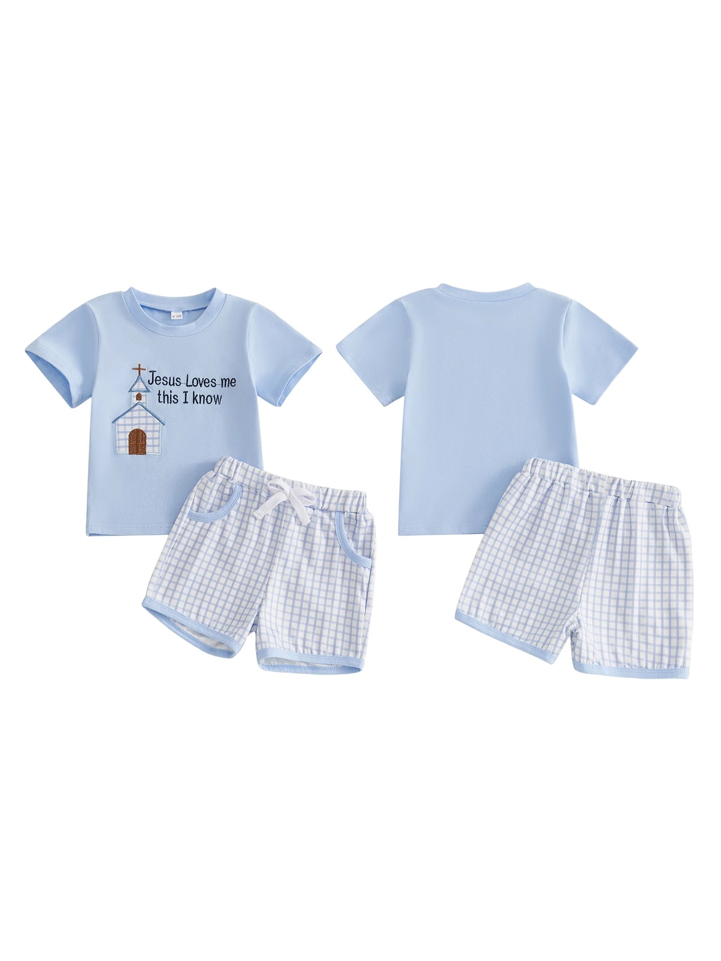 Kids Easter Outfit Set Short Sleeve O Neck Letter House Embroidery Tee Plaid Shorts Boys Summer Clothing Set