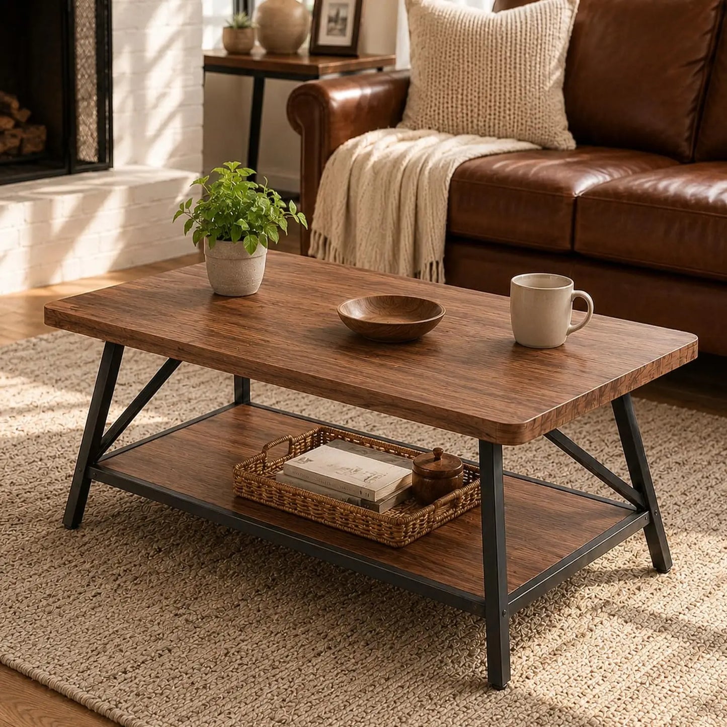 39.4 Inch Coffee Table With Storage Shelf, Industrial Wood Look Metal Frame Center Table For Living Room Apartment Home Office Decor