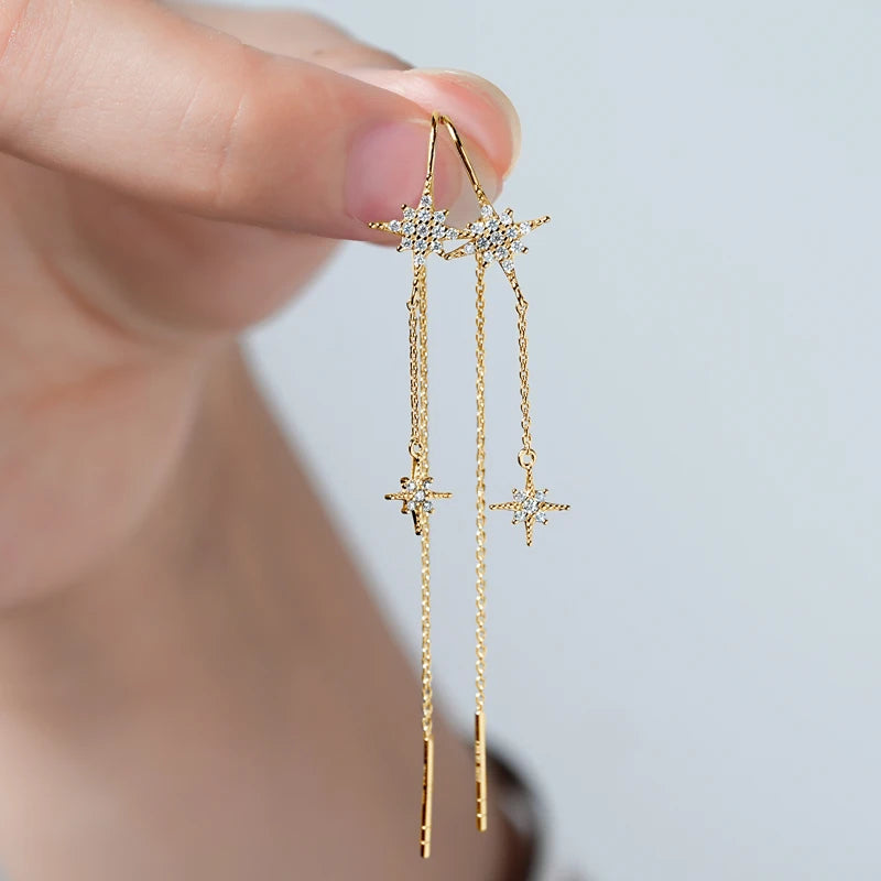 OXTAO Long Tassel Drop Earrings 100% Real 925 Silver Chain Moissanite Star Ear Line Earring Wedding Party Jewelry Gift for Women