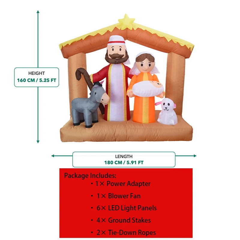 6FT LED Light Up Nativity Scene Inflatable Christmas Decoration with Holy Family Donkey and Sheep Blow Up Outdoor Toy Yard Decor for Garden Lawn Porch Church Xmas Holiday Party Home Ornament Gift