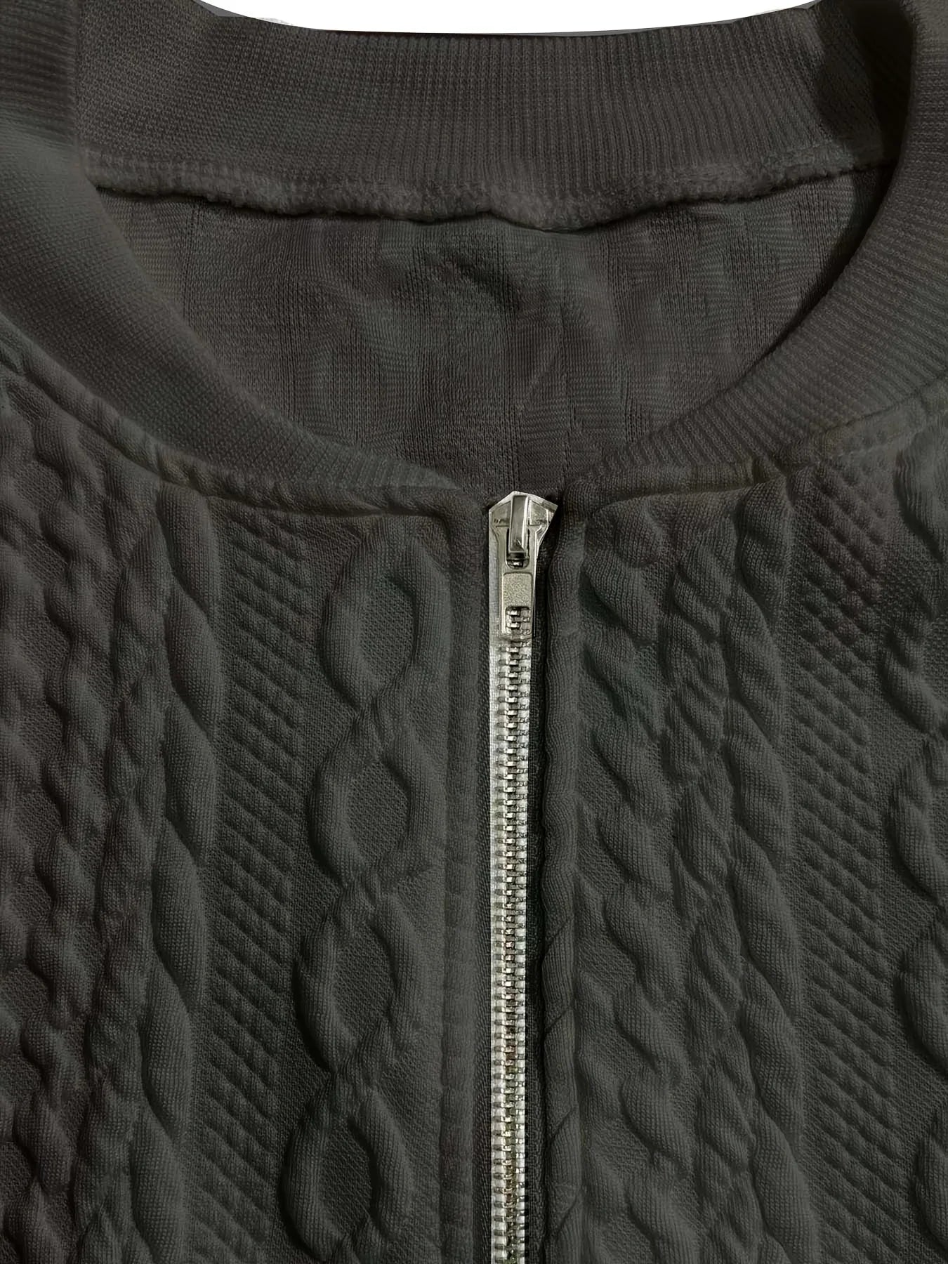 Plus size women's cable knit V-neck zip-up short jacket loose zip long sleeve pocket slimming daily commute cardigan top