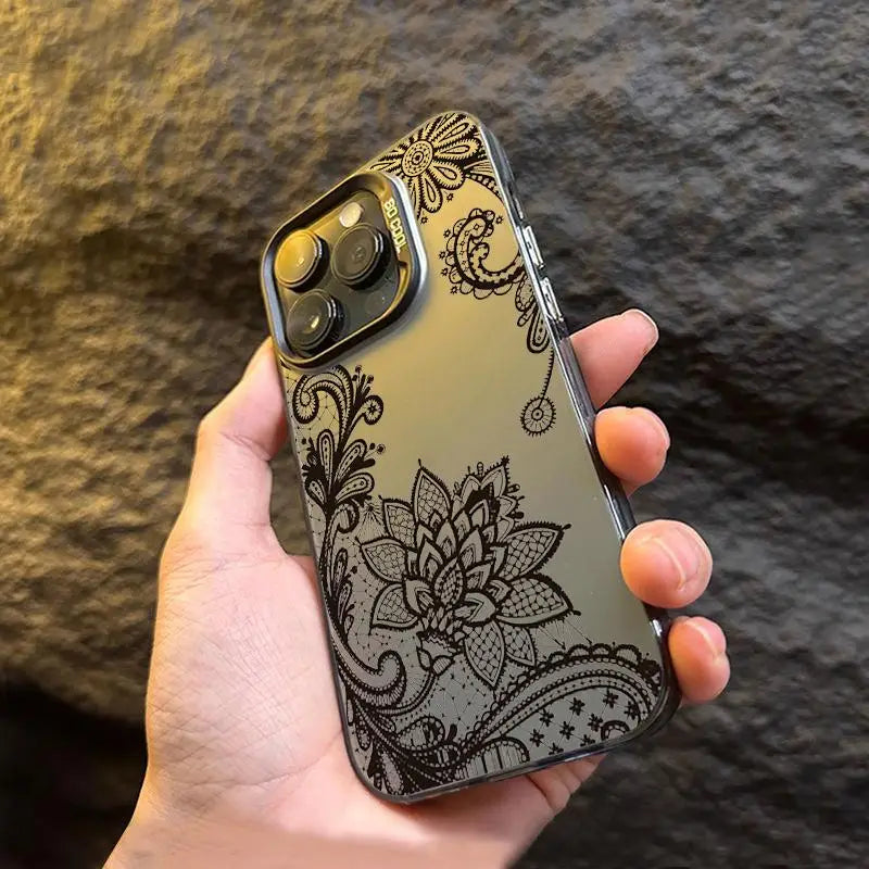 Luxury Lace Florals Pattern Case for IPhone 16 Pro Max 15 Pro 14Plus 13 12 11 Shockproof Anti-slip Hard Phone Protective Cover