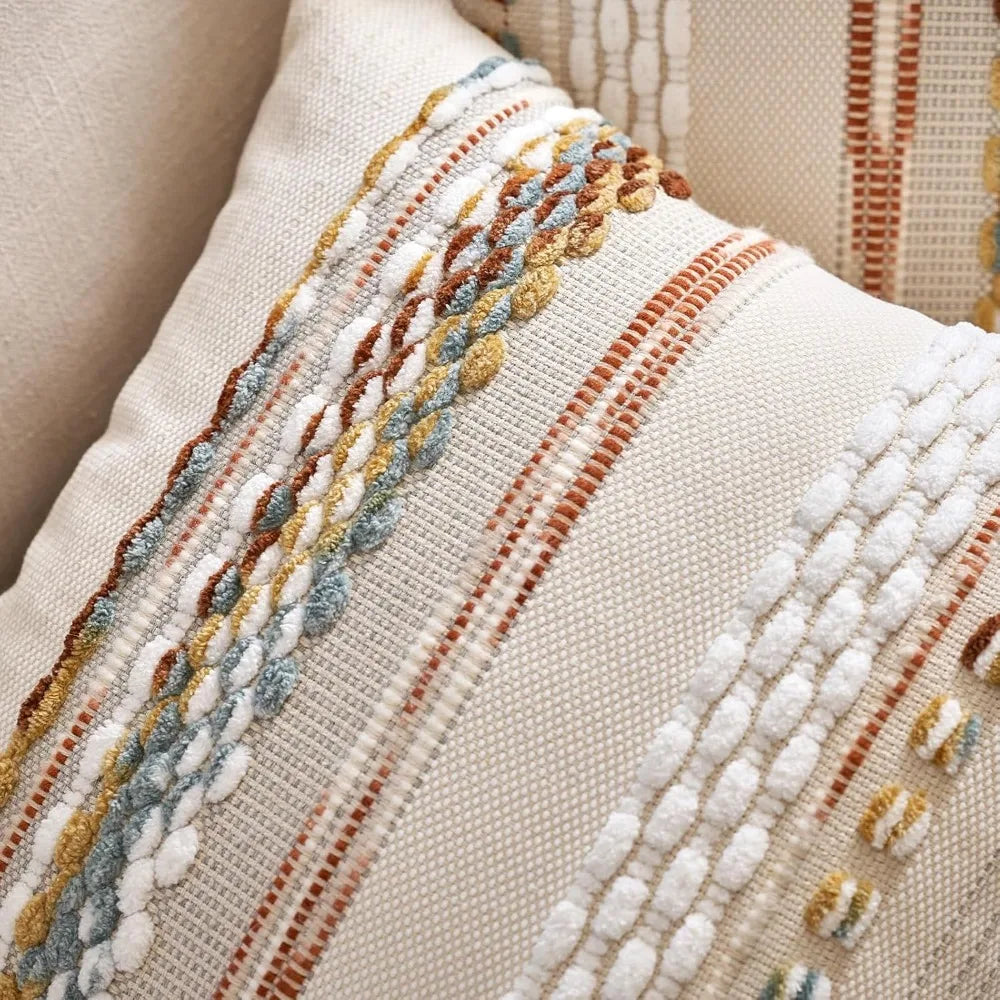 Boho Striped Chenille Tufted Pillow Covers 18x18 Set of 2 Orange White Neutral Decorative for Couch Bed