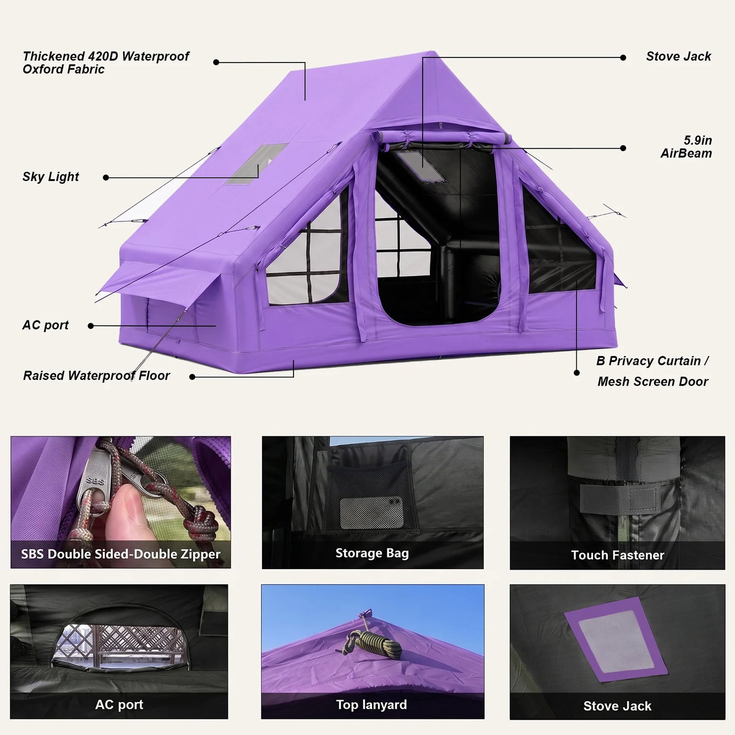 SENLEETO 67.8 SqFt Inflatable Camping Tent for 2-3 Person with Stove Jack,Black Coating Easy Setup Blow Up Tent with Skylight AC Vent Mesh Window