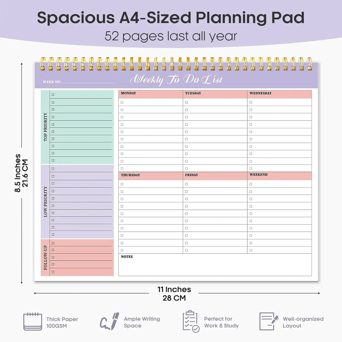 Weekly To Do List Notepad - 52 Undated Sheets, 8.5"x11", Desk Planner for Women & Men, Work and Home - 1 Pack Violet Dream