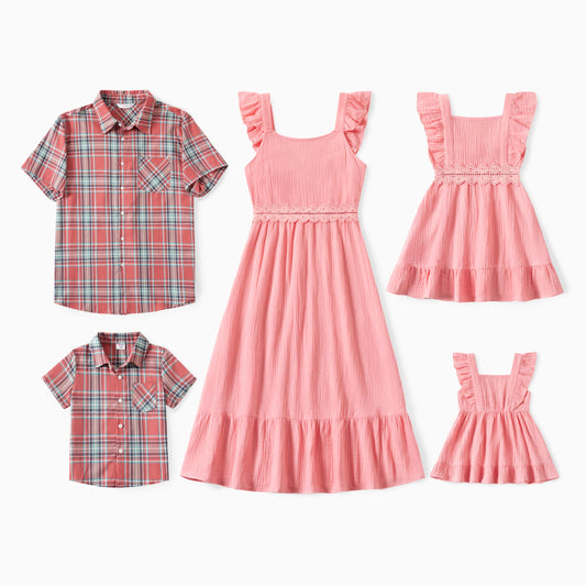 PatPat Family Matching Plaid Shirt and Pink Cotton Shirred Back Lace Waist Flutter Strap Dress Sets