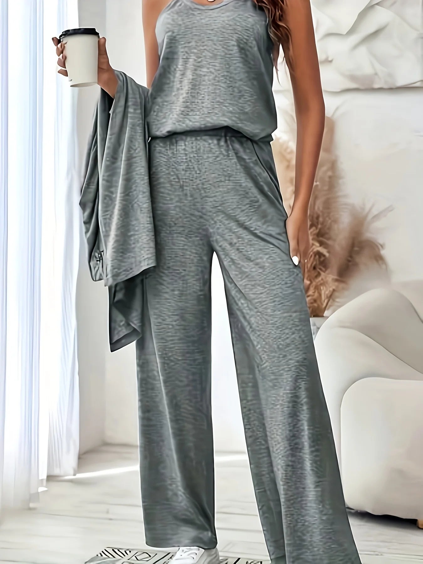Plus size women's lazy loungewear knit 3-piece set; mixed color textured tank top, long cardigan, high-waisted pocket wide-leg pants loose set
